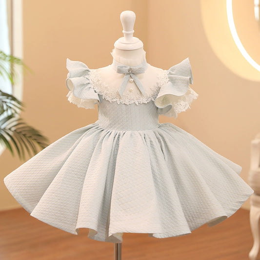 Princess Dusty Blue Satin Back Zip Baptism Lace Short Sleeve Cap Sleeve Mock Neck Flower Girl Dress