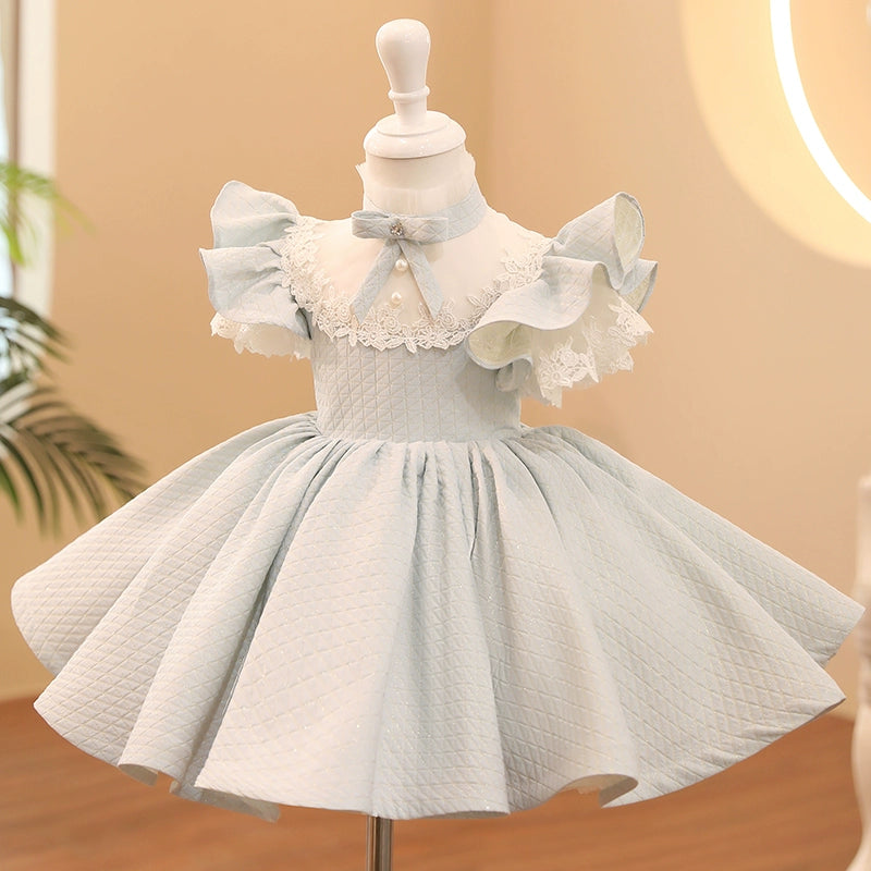 Princess Dusty Blue Satin Back Zip Baptism Lace Short Sleeve Cap Sleeve Mock Neck Flower Girl Dress