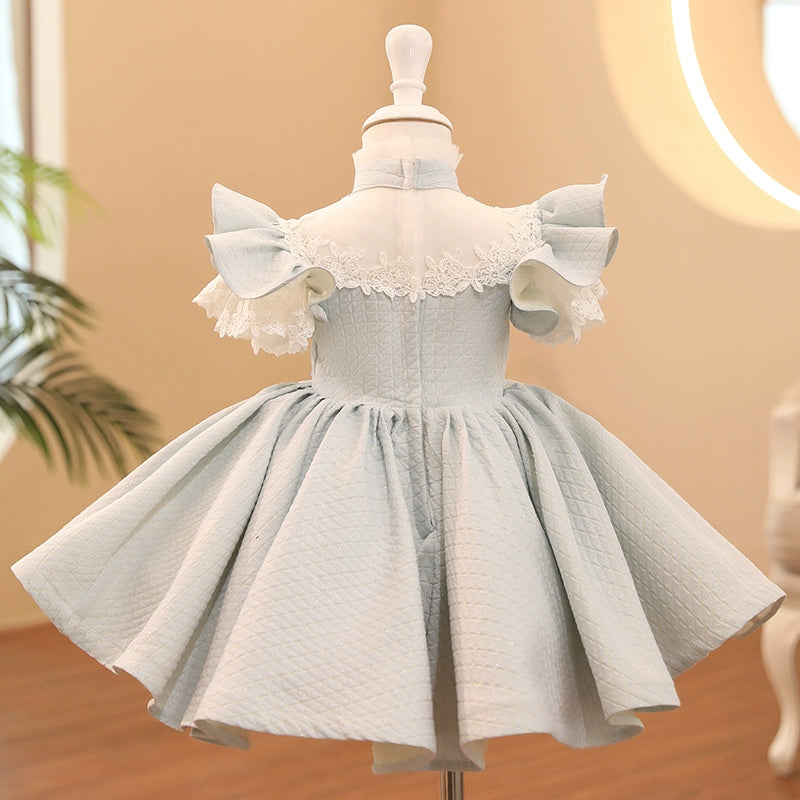 Princess Dusty Blue Satin Back Zip Baptism Lace Short Sleeve Cap Sleeve Mock Neck Flower Girl Dress