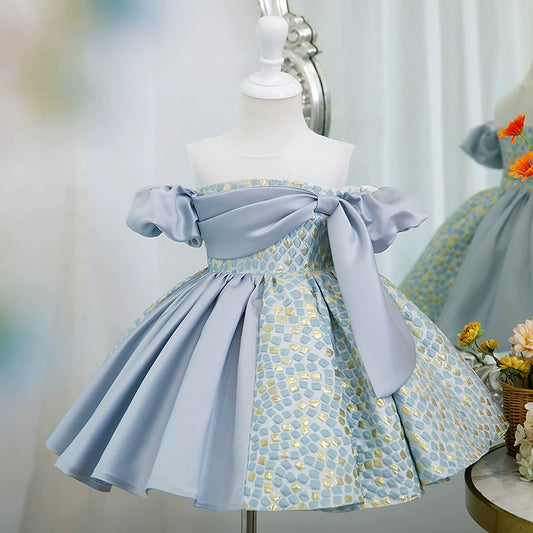 Princess Dusty Blue Satin Back Zip Baptism Ruffle Sleeveless Cold Shoulder Sleeve Round Flower Girl Dress