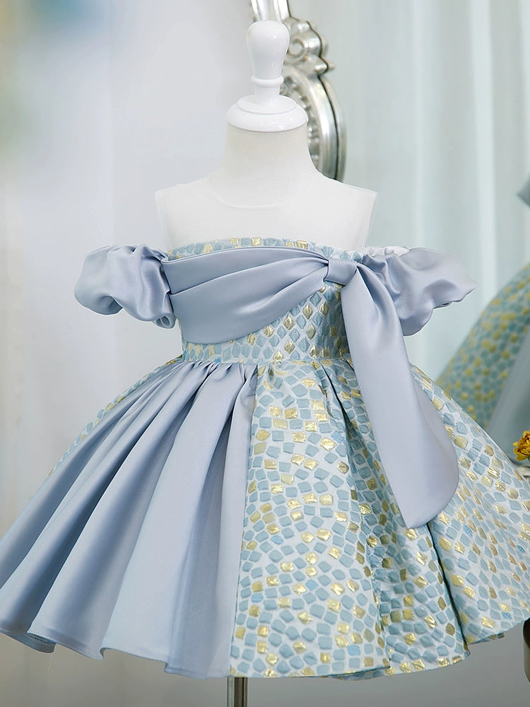 Princess Dusty Blue Satin Back Zip Baptism Ruffle Sleeveless Cold Shoulder Sleeve Round Flower Girl Dress