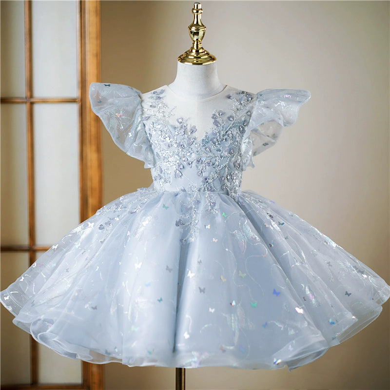 Princess Dusty Blue Sequined Back Zip Baptism Cascading Ruffles Tea Length Short Sleeve Cap Sleeve Round Flower Girl Dress