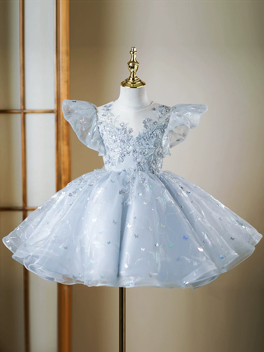 Princess Dusty Blue Sequined Back Zip Baptism Cascading Ruffles Tea Length Short Sleeve Cap Sleeve Round Flower Girl Dress