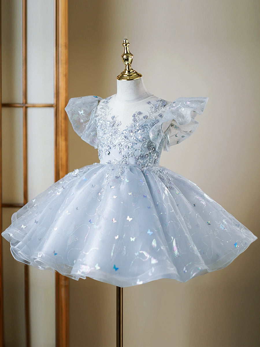 Princess Dusty Blue Sequined Back Zip Baptism Cascading Ruffles Tea Length Short Sleeve Cap Sleeve Round Flower Girl Dress