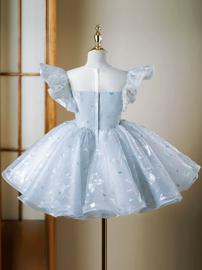 Princess Dusty Blue Sequined Back Zip Baptism Cascading Ruffles Tea Length Short Sleeve Cap Sleeve Round Flower Girl Dress