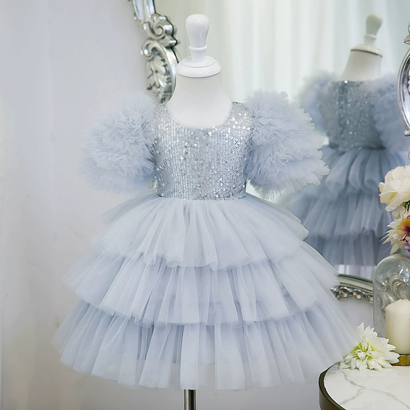 Princess Dusty Blue Tulle Back Zip Baptism Cascading Ruffles Tea Length Short Sleeve Puff Sleeve Scoop Flower Girl Dress