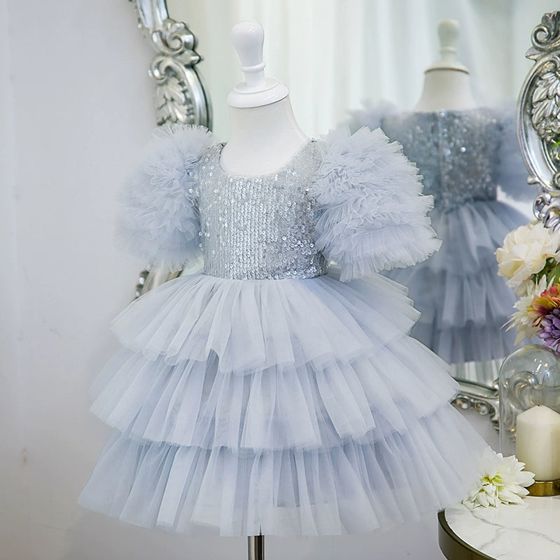 Princess Dusty Blue Tulle Back Zip Baptism Cascading Ruffles Tea Length Short Sleeve Puff Sleeve Scoop Flower Girl Dress