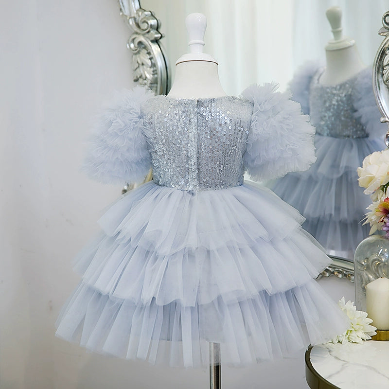 Princess Dusty Blue Tulle Back Zip Baptism Cascading Ruffles Tea Length Short Sleeve Puff Sleeve Scoop Flower Girl Dress