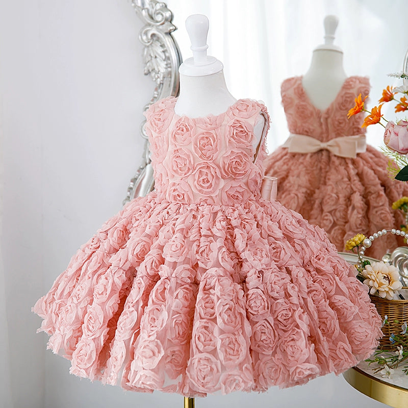 Princess Dusty Rose Lace Back Zip Baptism Flower(s) Tea Length Sleeveless Boat Neck Flower Girl Dress