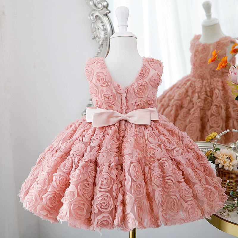 Princess Dusty Rose Lace Back Zip Baptism Flower(s) Tea Length Sleeveless Boat Neck Flower Girl Dress