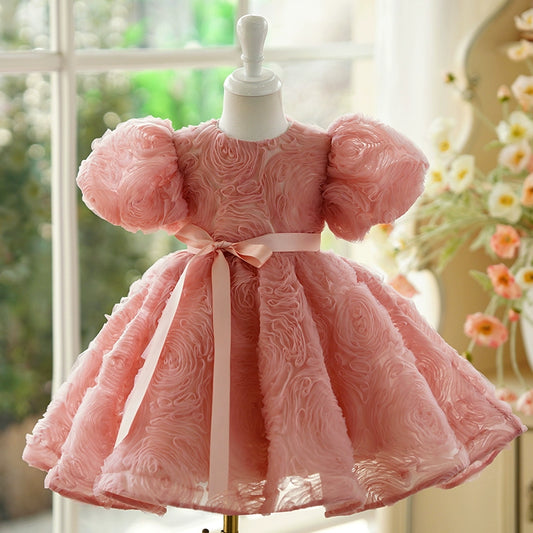 Princess Dusty Rose Polyester Back Zip Baptism Flower(s) Tea Length Short Sleeve Puff Sleeve Round Flower Girl Dress