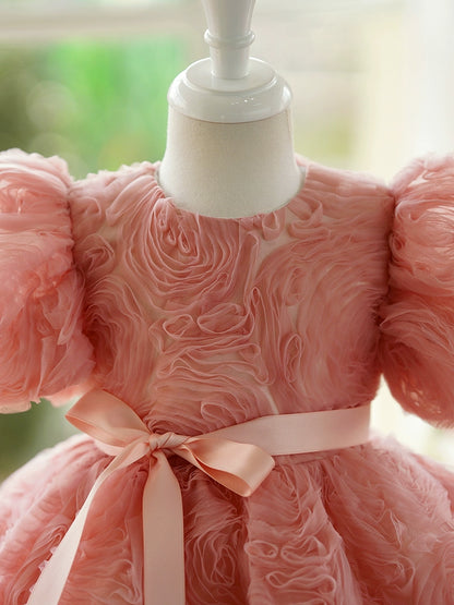Princess Dusty Rose Polyester Back Zip Baptism Flower(s) Tea Length Short Sleeve Puff Sleeve Round Flower Girl Dress
