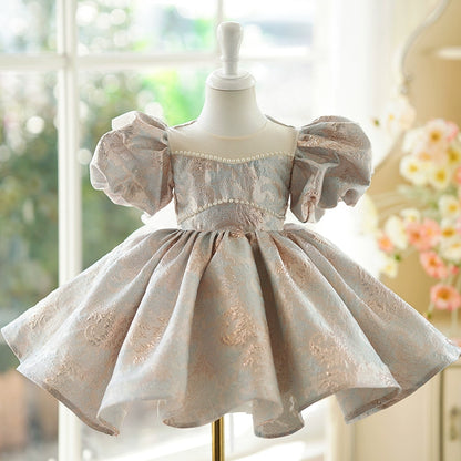 Princess Gold Satin Back Zip Baptism Beaded Tea Length Short Sleeve Puff Sleeve Round Flower Girl Dress