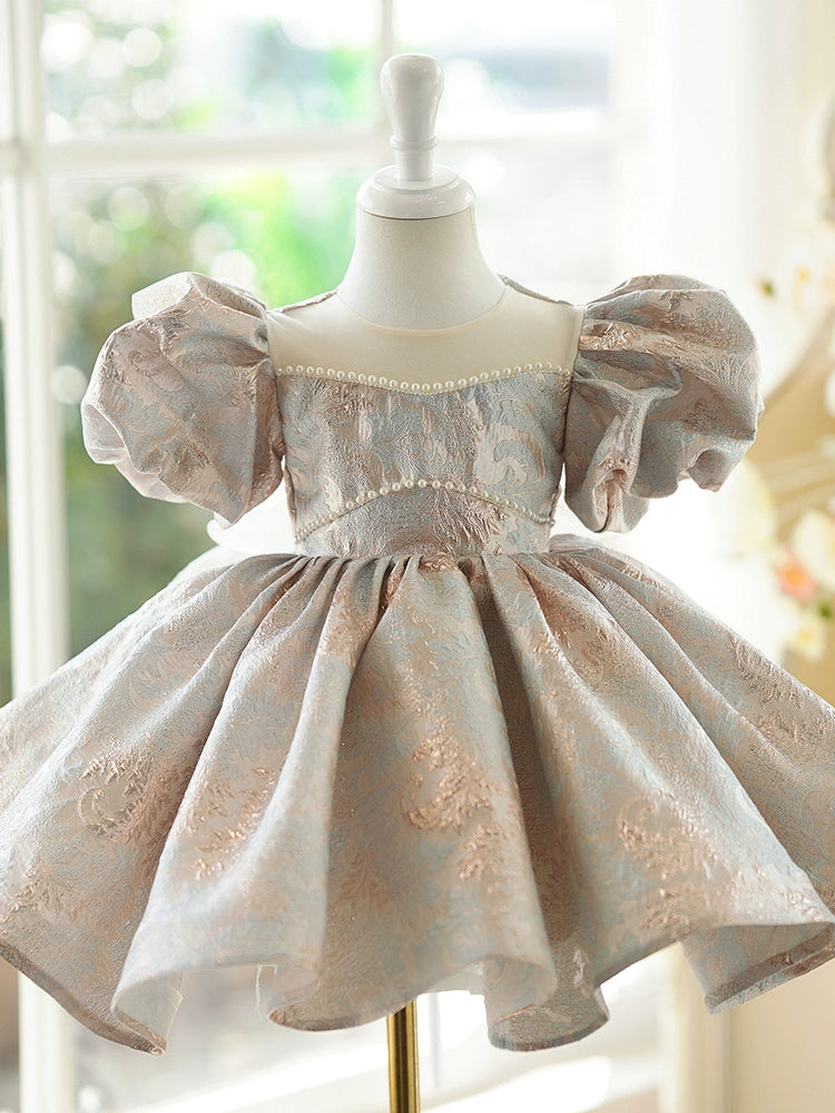 Princess Gold Satin Back Zip Baptism Beaded Tea Length Short Sleeve Puff Sleeve Round Flower Girl Dress