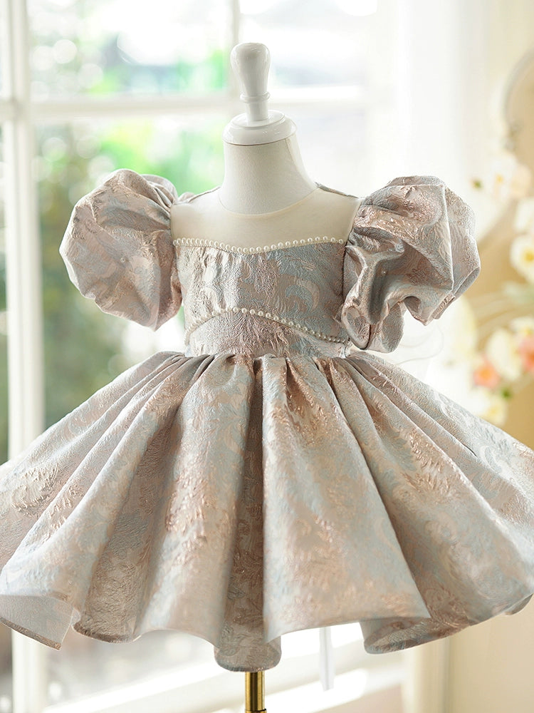 Princess Gold Satin Back Zip Baptism Beaded Tea Length Short Sleeve Puff Sleeve Round Flower Girl Dress