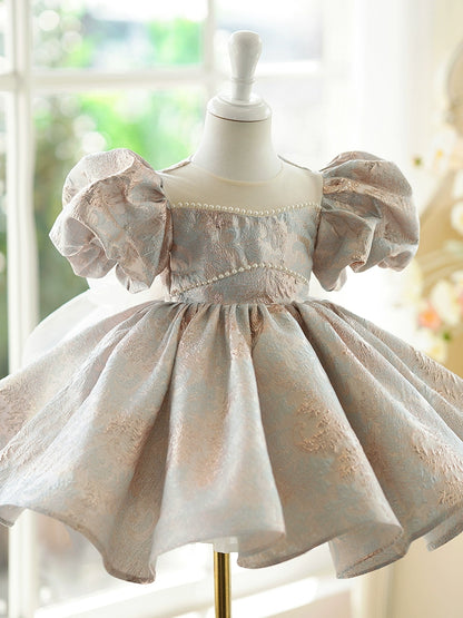 Princess Gold Satin Back Zip Baptism Beaded Tea Length Short Sleeve Puff Sleeve Round Flower Girl Dress