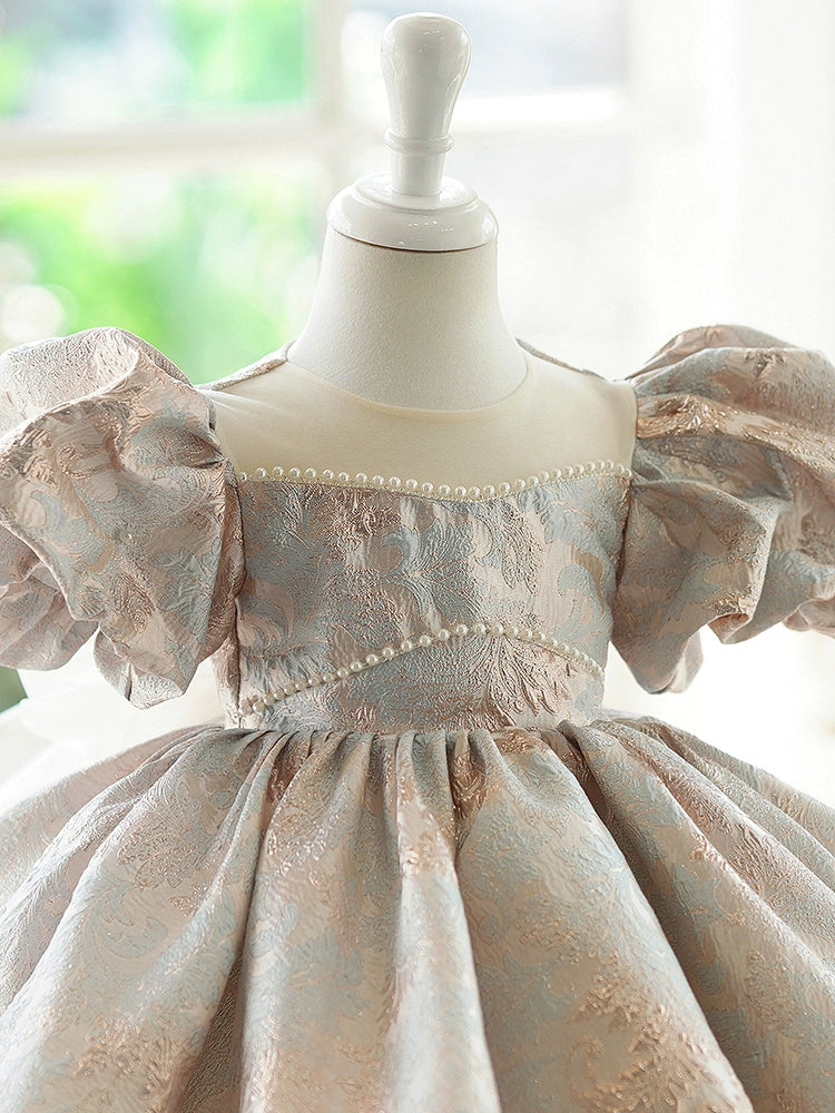 Princess Gold Satin Back Zip Baptism Beaded Tea Length Short Sleeve Puff Sleeve Round Flower Girl Dress