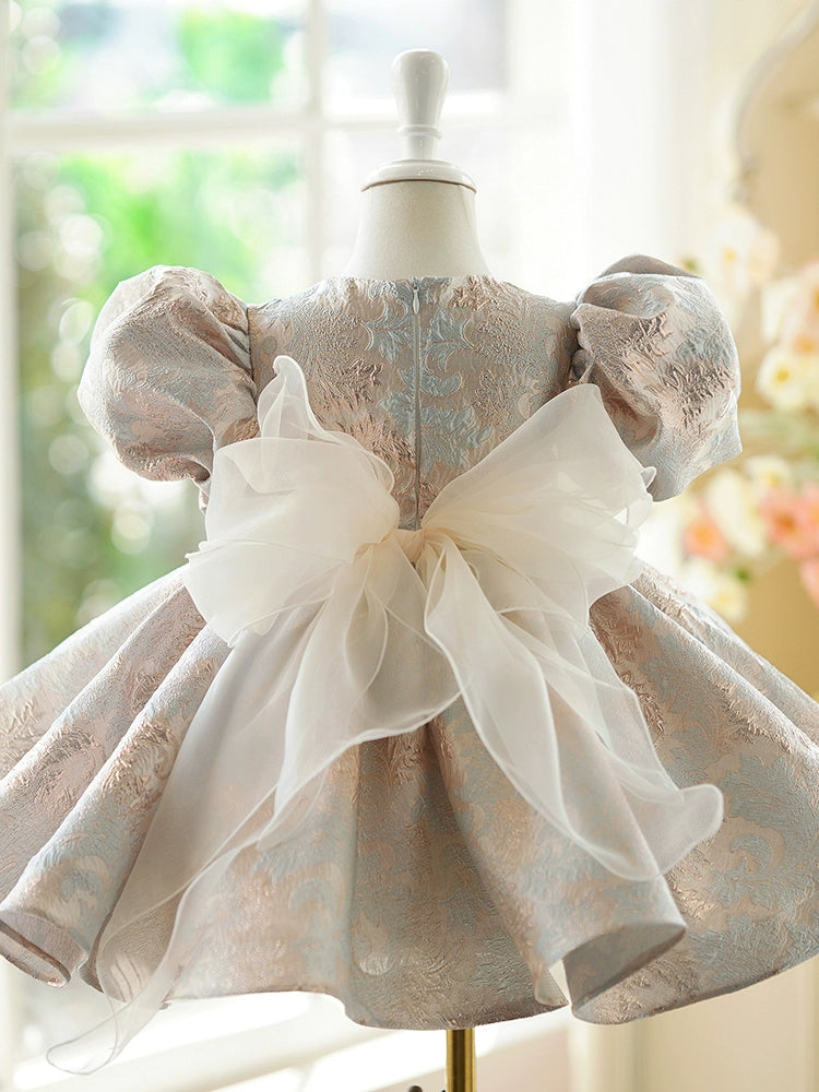 Princess Gold Satin Back Zip Baptism Beaded Tea Length Short Sleeve Puff Sleeve Round Flower Girl Dress