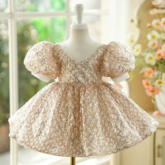 Princess Gold Sequined Back Zip Baptism Sequins Tea Length Short Sleeve Puff Sleeve Round Flower Girl Dress