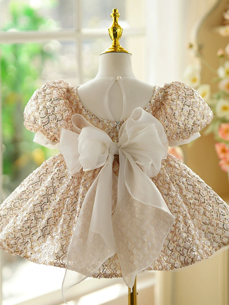 Princess Gold Sequined Back Zip Baptism Sequins Tea Length Short Sleeve Puff Sleeve Round Flower Girl Dress