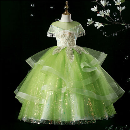 Princess Green Sequined Back Zip Baptism Cascading Ruffles Floor Length Short Sleeve Cap Sleeve Round Flower Girl Dress