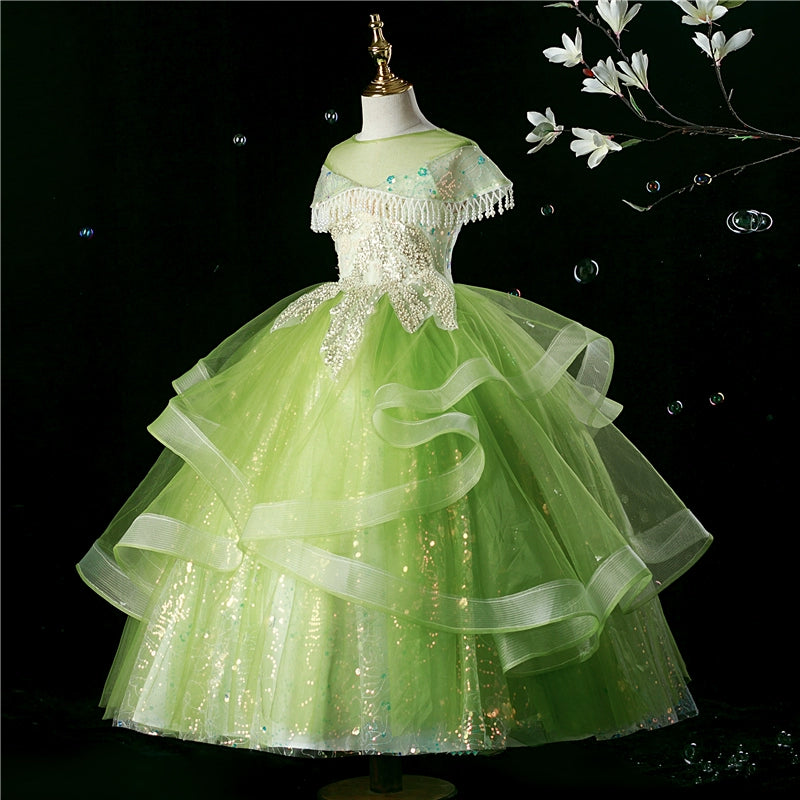 Princess Green Sequined Back Zip Baptism Cascading Ruffles Floor Length Short Sleeve Cap Sleeve Round Flower Girl Dress