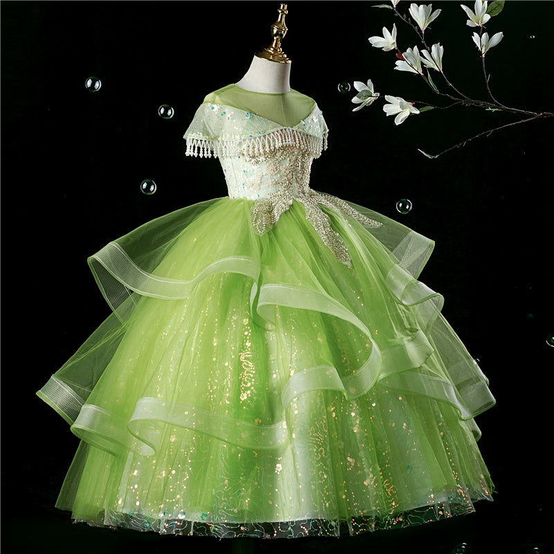 Princess Green Sequined Back Zip Baptism Cascading Ruffles Floor Length Short Sleeve Cap Sleeve Round Flower Girl Dress