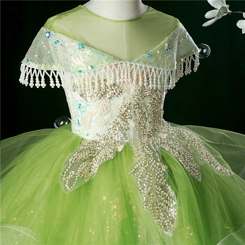 Princess Green Sequined Back Zip Baptism Cascading Ruffles Floor Length Short Sleeve Cap Sleeve Round Flower Girl Dress