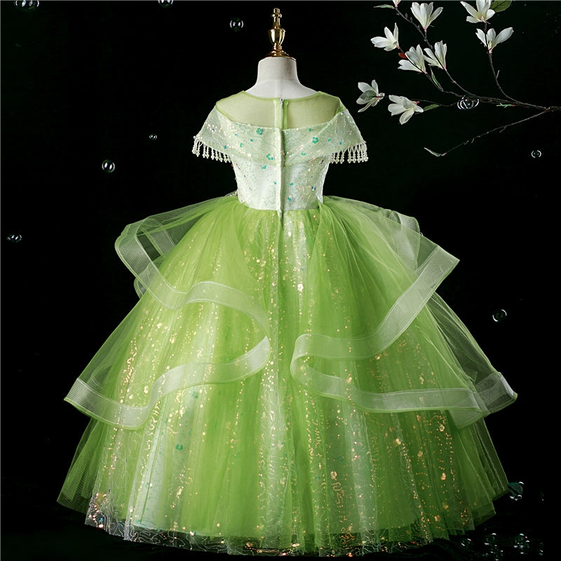 Princess Green Sequined Back Zip Baptism Cascading Ruffles Floor Length Short Sleeve Cap Sleeve Round Flower Girl Dress