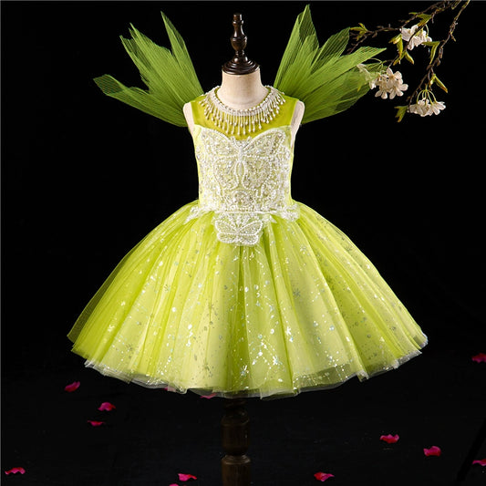 Princess Green Sequined Back Zip Baptism Lace Tea Length Sleeveless Jewel Neck Flower Girl Dress