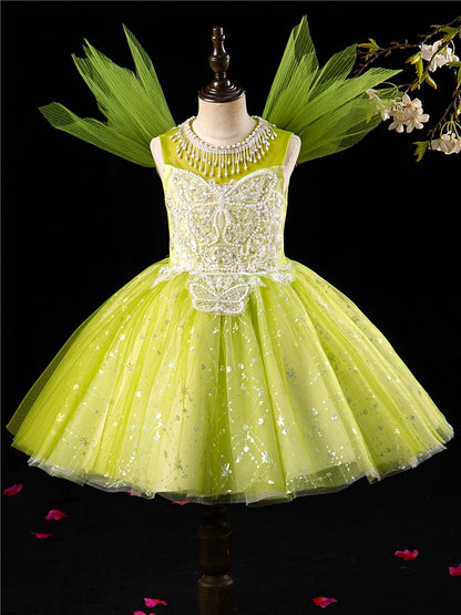 Princess Green Sequined Back Zip Baptism Lace Tea Length Sleeveless Jewel Neck Flower Girl Dress