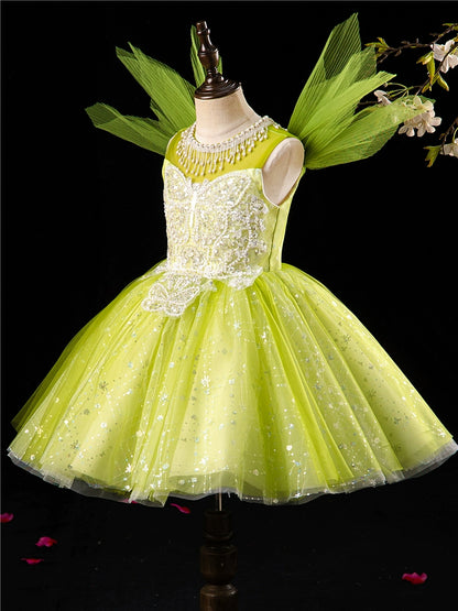 Princess Green Sequined Back Zip Baptism Lace Tea Length Sleeveless Jewel Neck Flower Girl Dress