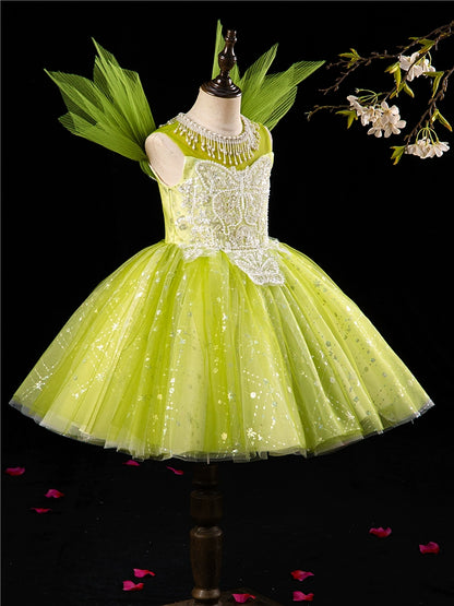 Princess Green Sequined Back Zip Baptism Lace Tea Length Sleeveless Jewel Neck Flower Girl Dress