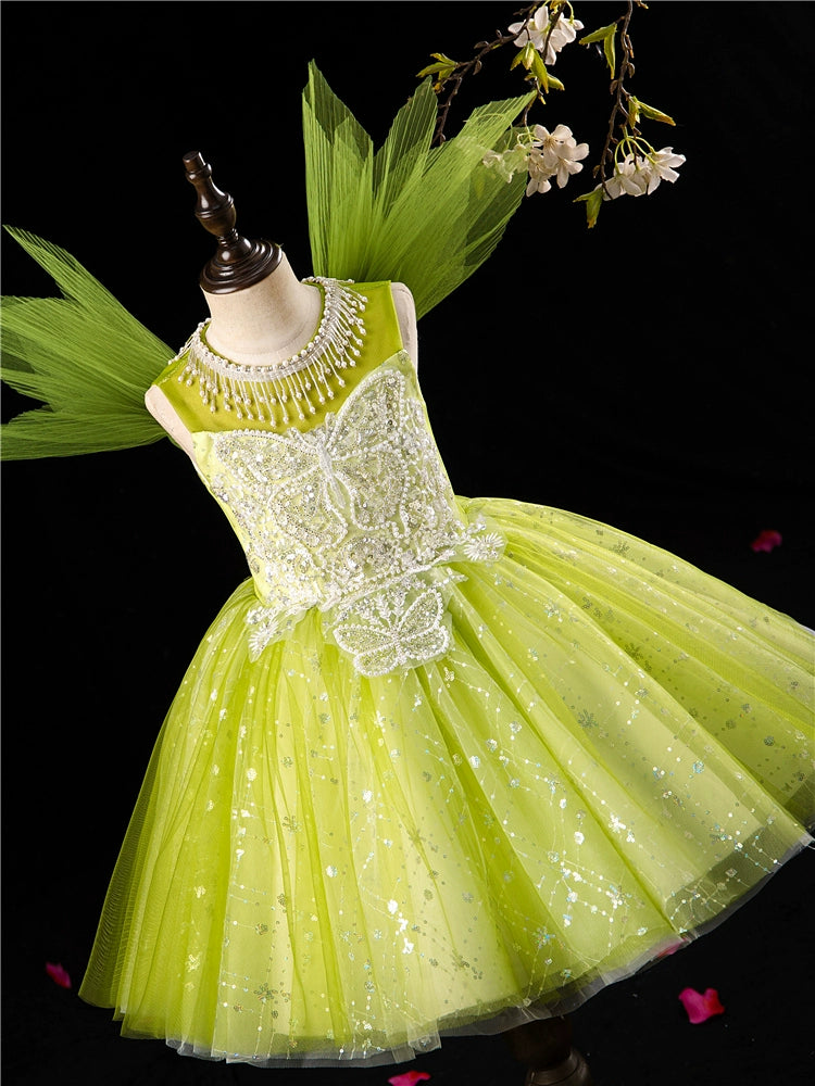 Princess Green Sequined Back Zip Baptism Lace Tea Length Sleeveless Jewel Neck Flower Girl Dress