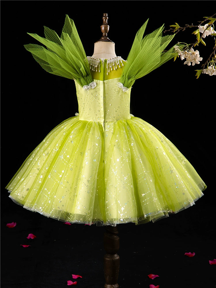 Princess Green Sequined Back Zip Baptism Lace Tea Length Sleeveless Jewel Neck Flower Girl Dress