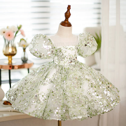 Princess Green Sequined Back Zip Baptism Sequins Tea Length Short Sleeve Puff Sleeve Round Flower Girl Dress