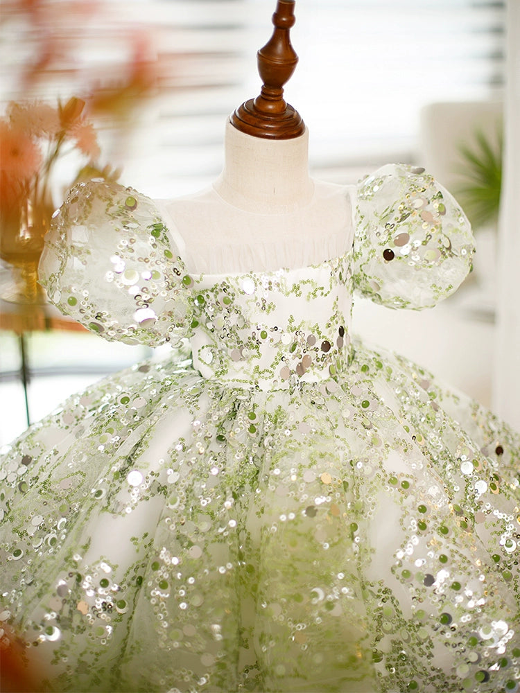 Princess Green Sequined Back Zip Baptism Sequins Tea Length Short Sleeve Puff Sleeve Round Flower Girl Dress