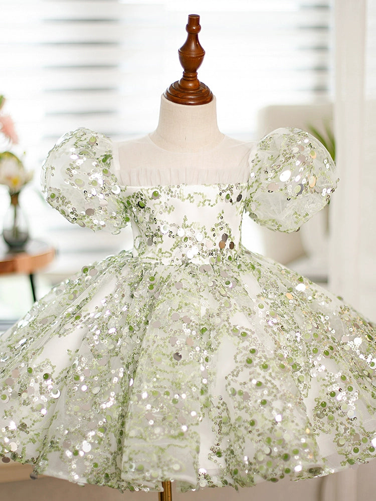 Princess Green Sequined Back Zip Baptism Sequins Tea Length Short Sleeve Puff Sleeve Round Flower Girl Dress