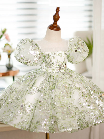 Princess Green Sequined Back Zip Baptism Sequins Tea Length Short Sleeve Puff Sleeve Round Flower Girl Dress