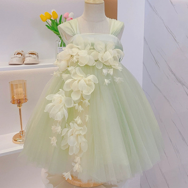 Princess Green Tulle Back Zip Baptism Flower(s) Tea Length Sleeveless Square Flower Girl Dress