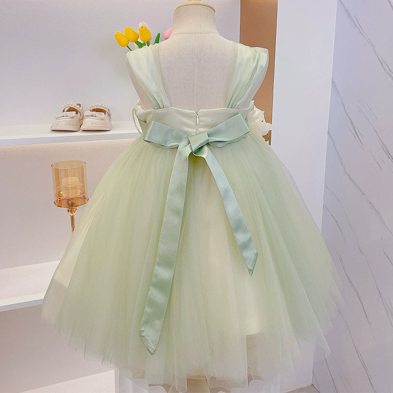 Princess Green Tulle Back Zip Baptism Flower(s) Tea Length Sleeveless Square Flower Girl Dress