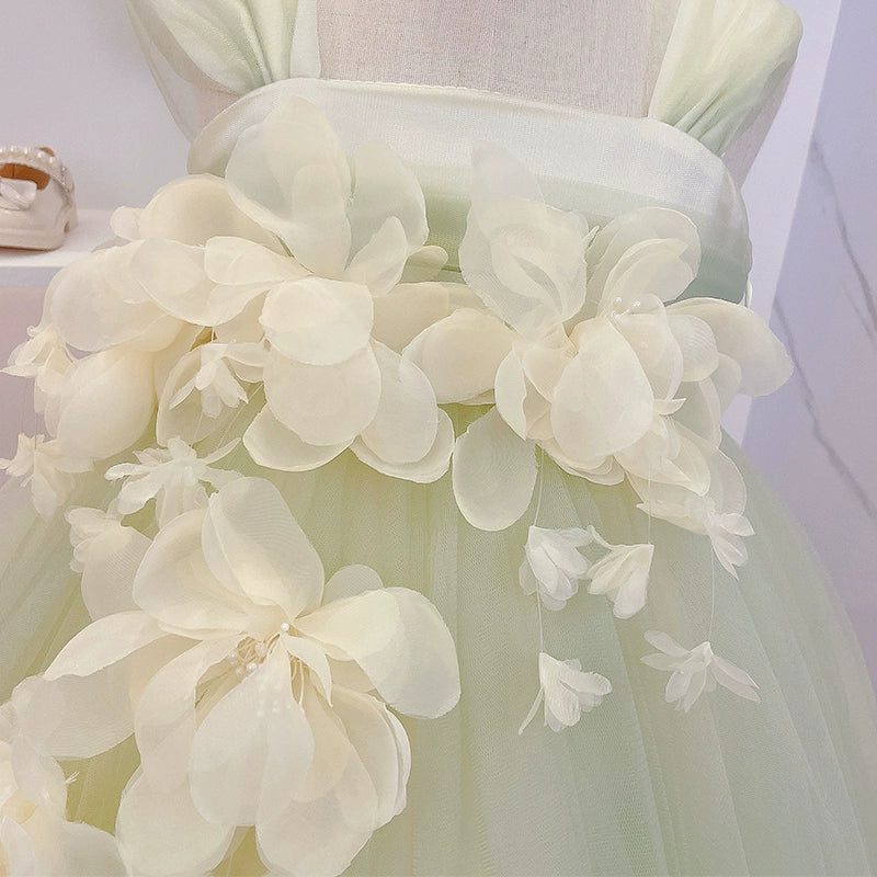 Princess Green Tulle Back Zip Baptism Flower(s) Tea Length Sleeveless Square Flower Girl Dress