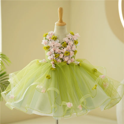 Princess Green Tulle Back Zip Baptism Flower(s) Tea Length Sleeveless V-Neck Flower Girl Dress