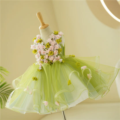 Princess Green Tulle Back Zip Baptism Flower(s) Tea Length Sleeveless V-Neck Flower Girl Dress