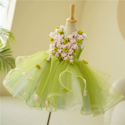 Princess Green Tulle Back Zip Baptism Flower(s) Tea Length Sleeveless V-Neck Flower Girl Dress