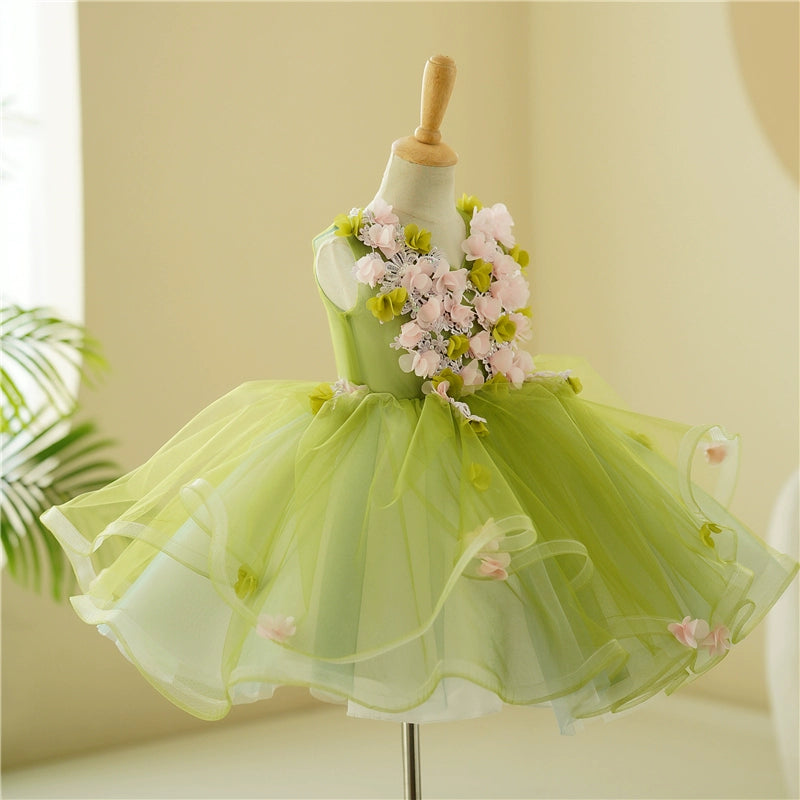 Princess Green Tulle Back Zip Baptism Flower(s) Tea Length Sleeveless V-Neck Flower Girl Dress