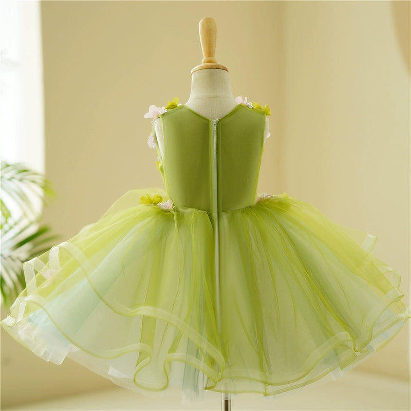 Princess Green Tulle Back Zip Baptism Flower(s) Tea Length Sleeveless V-Neck Flower Girl Dress