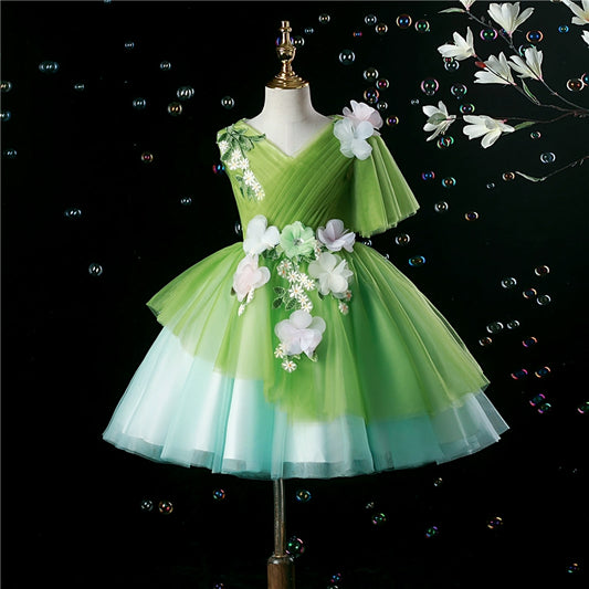 Princess Green Tulle Back Zip Baptism Flower(s) Tea Length Sleeveless V-Neck Flower Girl Dress