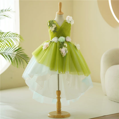 Princess Green Tulle Back Zip Baptism Lace Floor Length Sleeveless V-Neck Flower Girl Dress