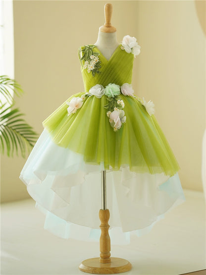 Princess Green Tulle Back Zip Baptism Lace Floor Length Sleeveless V-Neck Flower Girl Dress